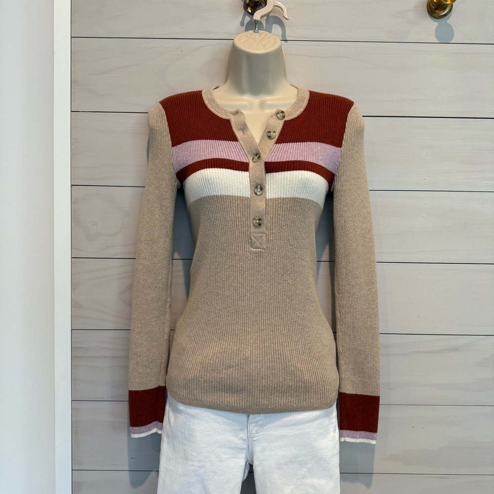 Faherty Organic Cotton Cashmere Blend Ribbed Henley Top XS Color Block